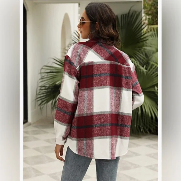 NWT Plaid Shacket Burgundy XS - Picture 3 of 5